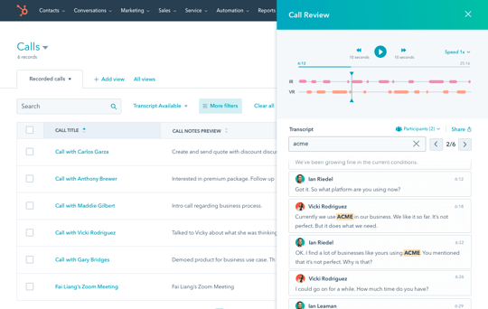 HubSpot Sales software showing call review feature